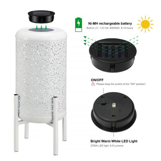 Glitzhome® 14.25" White Metal Cutout Flower Pattern Solar Powered LED Outdoor Lantern
